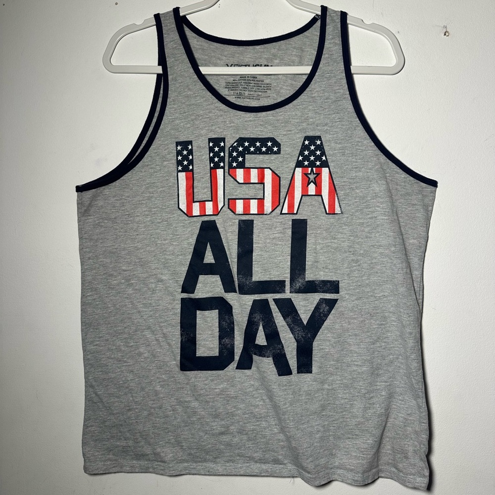 Men's Gray "USA ALL‎ DAY" Graphic Tank Top Fifth Sun Size Adult Large